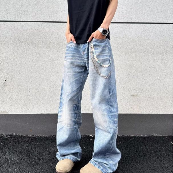 Retro High-Waist Straight Jeans – 3D Chain Print Distressed Washed Denim (Unisex, S-3XL, Light Blue, No Stretch)_mkmklike.com