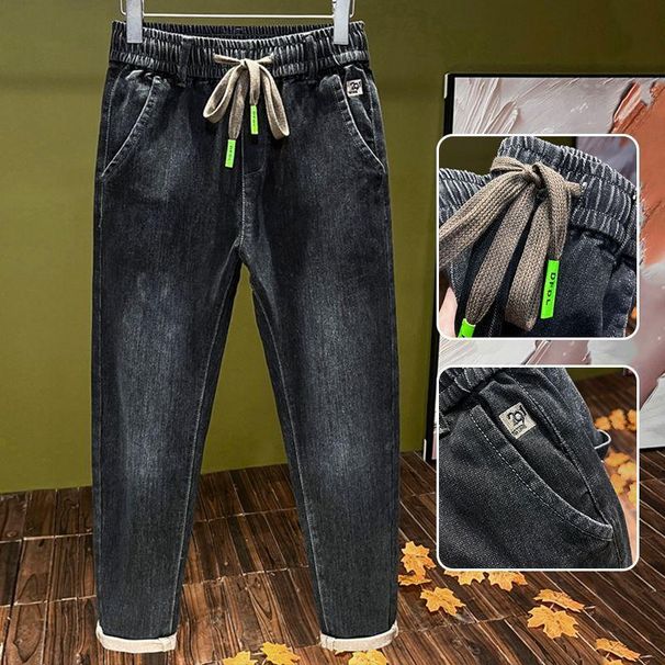 2025 Spring Autumn Summer Thin Elastic Waist Black Jeans Men Drawstring Harem Stretch Trendy Casual Long Pants_mkmklike.com