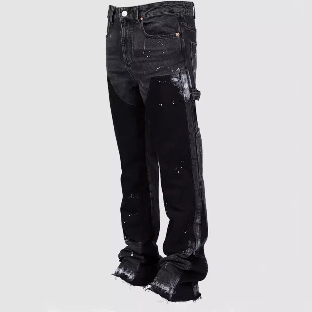 Men's Stretch Denim Cargo Pants - Straight Leg Vintage Workwear With Patchwork & Layered Design For Casual Street Style_mkmklike.com