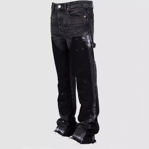 Men's Stretch Denim Cargo Pants - Straight Leg Vintage Workwear With Patchwork & Layered Design For Casual Street Style_mkmklike.com