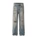 American Style Blue Washed Dirty Dyed Ripped Jeans High Street Cleanfit Slim Straight Flared Floor-Length Pants_mkmklike.com
