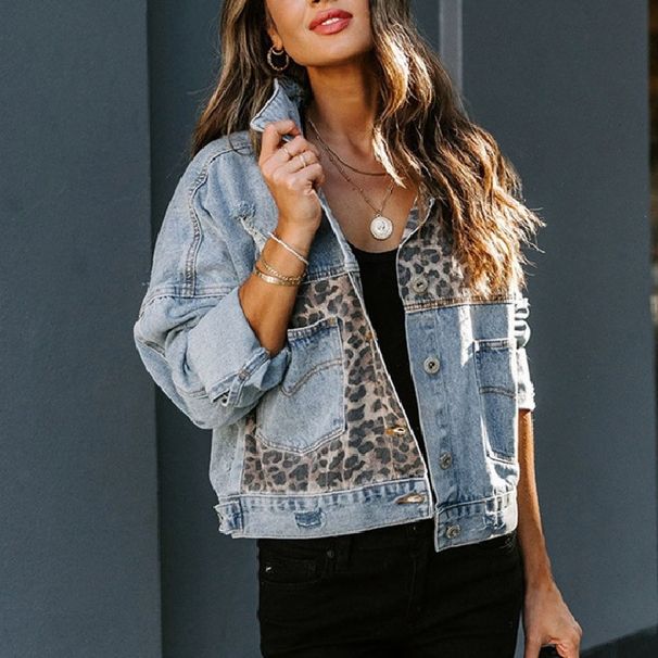 Women's Patchwork Snake Print Denim Jacket, Vintage Washed Distressed Cropped Jean Coat, Long Sleeve Button Down Casual Outerwear For Daily Streetwear_mkmklike.com