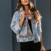 Women's Patchwork Snake Print Denim Jacket, Vintage Washed Distressed Cropped Jean Coat, Long Sleeve Button Down Casual Outerwear For Daily Streetwear_mkmklike.com