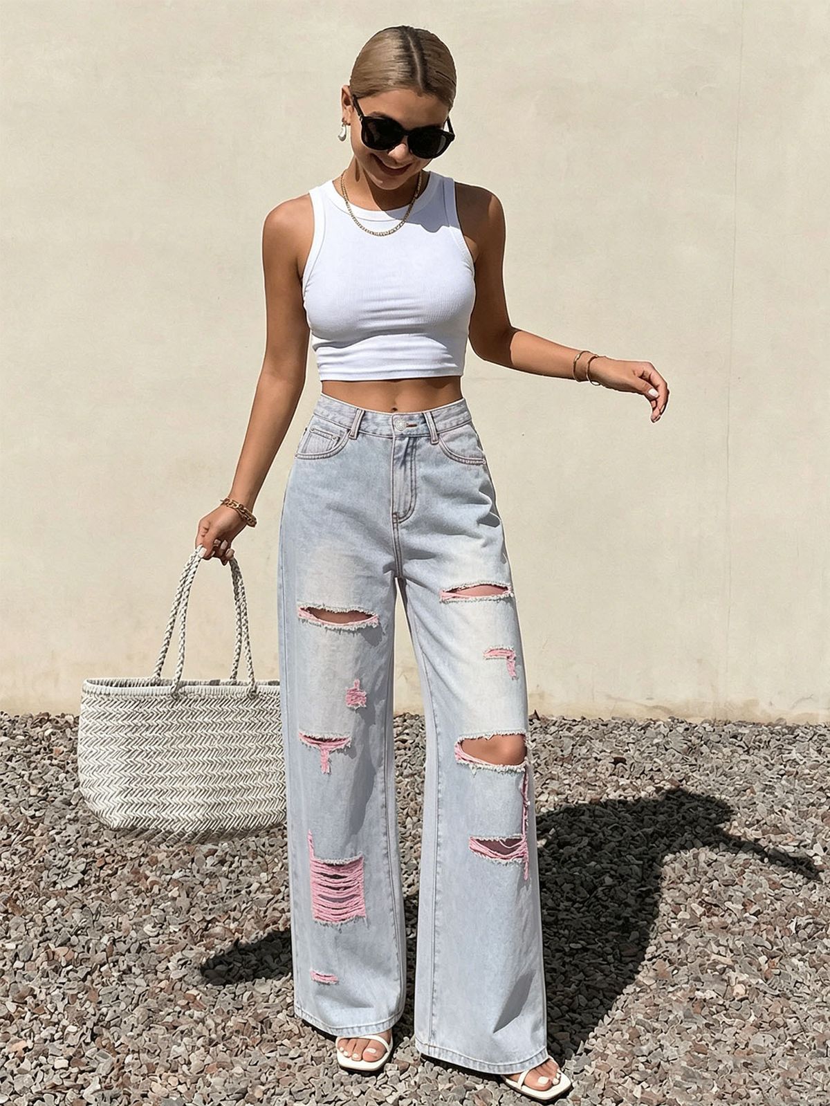 High-Waisted Ripped Wide Leg Jeans Women's Pink Frayed Edges Color-Block Straight Leg Trousers European American Style_mkmklike.com