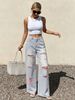 High-Waisted Ripped Wide Leg Jeans Women's Pink Frayed Edges Color-Block Straight Leg Trousers European American Style_mkmklike.com
