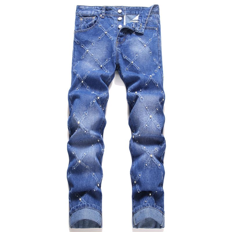 Punk Dark Blue Beaded Fashion Trend Non Elastic Loose Straight Men's Jeans_mkmklike.com