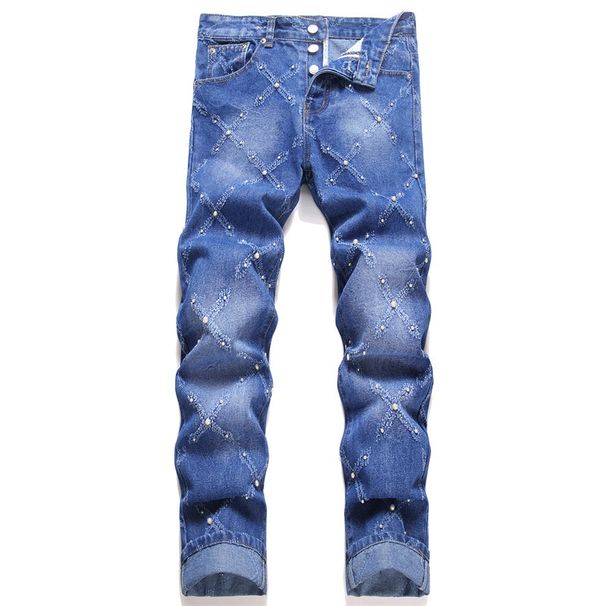 Punk Dark Blue Beaded Fashion Trend Non Elastic Loose Straight Men's Jeans_mkmklike.com