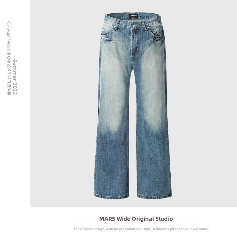Men's Vintage Washed Blue Denim Work Pants – High Street Loose Fit, Distressed Straight-Leg (S-XXXL, Retro Streetwear, Spring Collection)_mkmklike.com