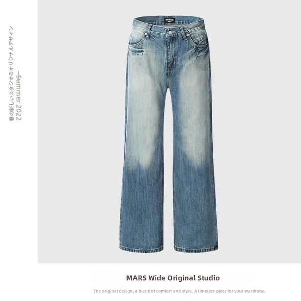 Men's Vintage Washed Blue Denim Work Pants – High Street Loose Fit, Distressed Straight-Leg (S-XXXL, Retro Streetwear, Spring Collection)_mkmklike.com