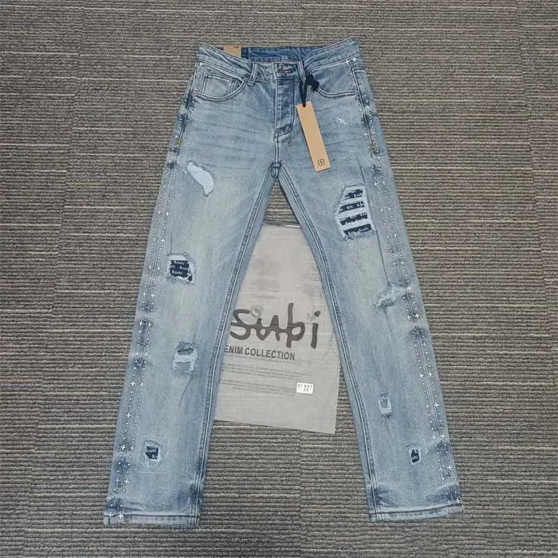 Black Blue Fashion Men KSUBI Cross Jeans Brand High Street Hole Trend Low Rise Skinny Denim Pants Ripped Frayed_mkmklike.com