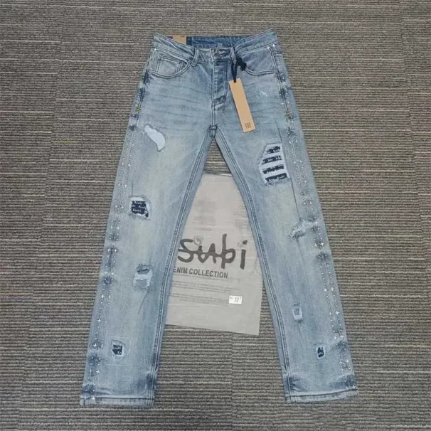 Black Blue Fashion Men KSUBI Cross Jeans Brand High Street Hole Trend Low Rise Skinny Denim Pants Ripped Frayed_mkmklike.com