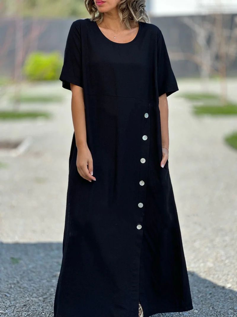 women's clothing fresh and sweet round neck solid color fashion short sleeve leisure cotton and linen long dress_mkmklike.com