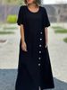 women's clothing fresh and sweet round neck solid color fashion short sleeve leisure cotton and linen long dress_mkmklike.com