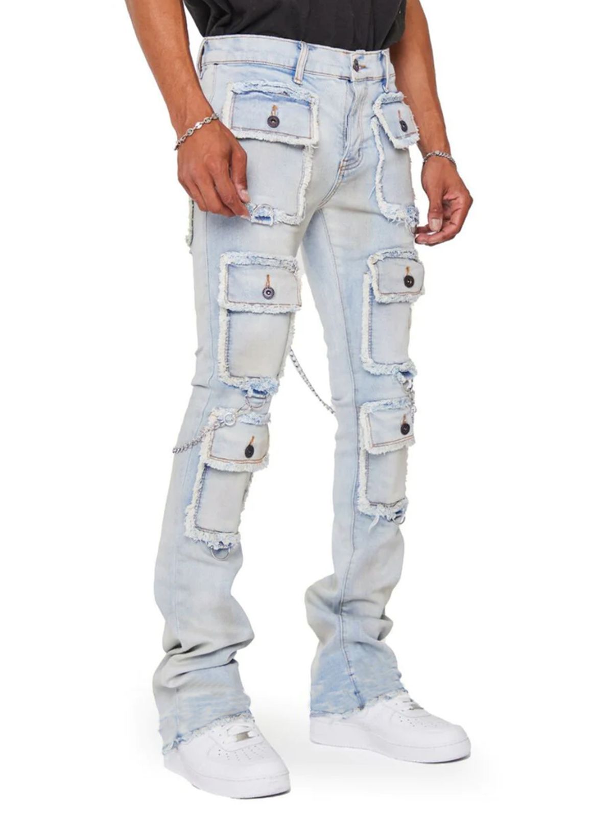 New Men's Street Fashion Instagram Elastic Workwear Denim Straight Leg Pants_mkmklike.com