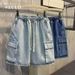 Trendy Men's Casual Workwear Denim Shorts, Summer Multi Mouth Bag, Elastic Waist, Work Wear Capris_mkmklike.com