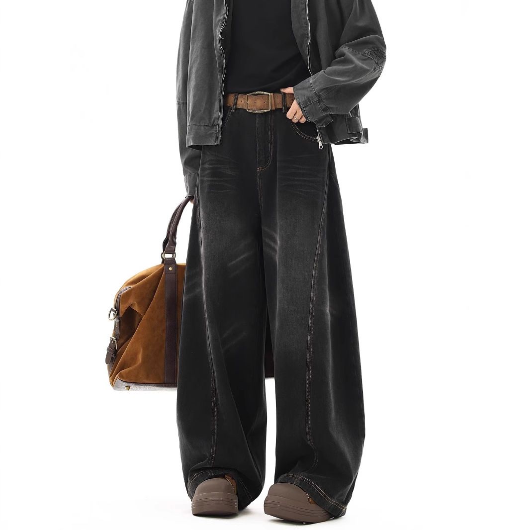 Men's Vintage Washed Denim Jeans - Classic Straight Leg With Cat Whisker & Fading Details, Clean Fit High Street Style For Everyday Wear_mkmklike.com