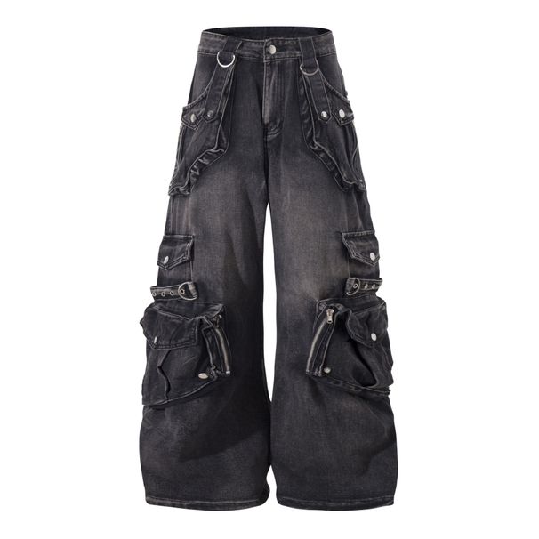 Men's Heavy-Duty Multi-Pocket Workwear Jeans Vintage Distressed Denim With Asymmetric Design & Flared Leg Edgy Streetwear For Urban Explorers_mkmklike.com