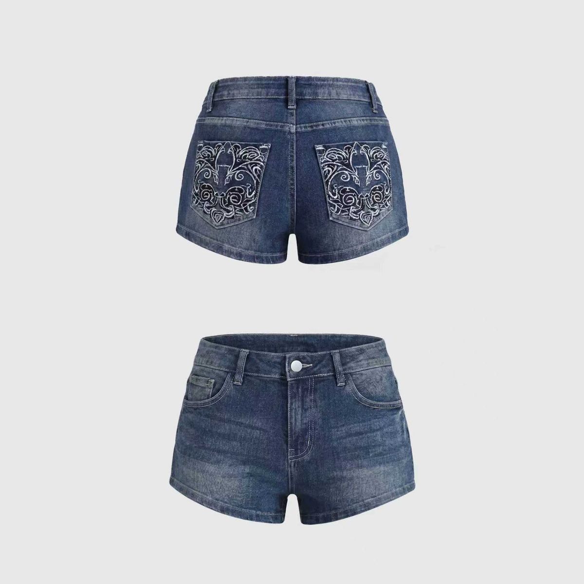 Women's Retro Embroidered Denim Shorts European American Style Unique Pattern Low Rise Washed Hot Pants_mkmklike.com