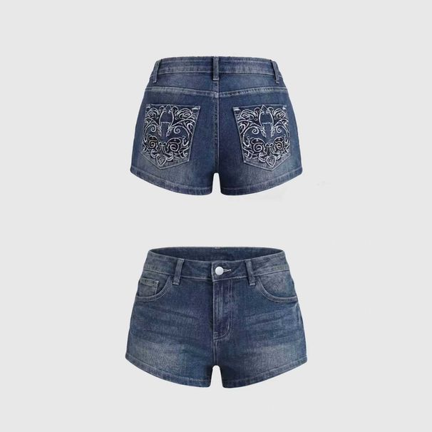 Women's Retro Embroidered Denim Shorts European American Style Unique Pattern Low Rise Washed Hot Pants_mkmklike.com