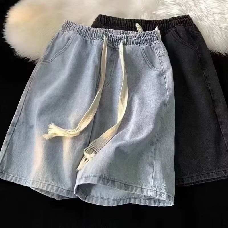 Men's Clothing Denim Shorts Men's Summer Casual Denim Shorts Drawstring Elastic Waist Loose Retro High Street Pants_mkmklike.com