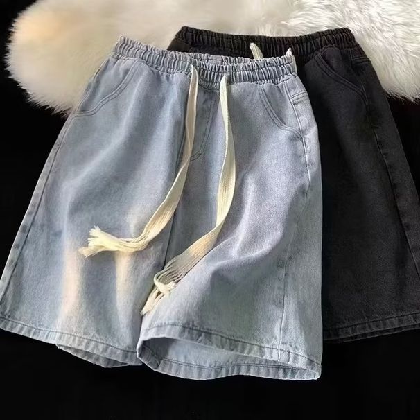 Men's Clothing Denim Shorts Men's Summer Casual Denim Shorts Drawstring Elastic Waist Loose Retro High Street Pants_mkmklike.com