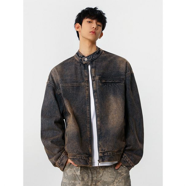 American Washed Denim Men, Loose Fashionable For Spring And Autumn, Casual Workwear, Stand Up Collar Jacket_mkmklike.com