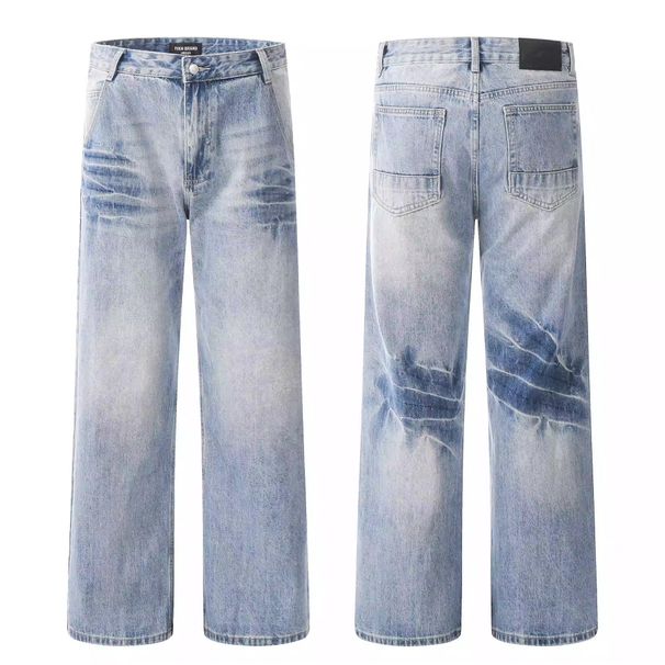 Men's Vintage Washed Straight-Leg Jeans - American Retro High-Street Denim Pants (Blue, S/M/L/XL/XXL/XXXL)_mkmklike.com