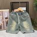 Men's Trendy Brand Washed Ripped Denim Shorts Elastic Waist Five Point Loose Straight Leg Japanese Style Summer Mid Length Pants_mkmklike.com
