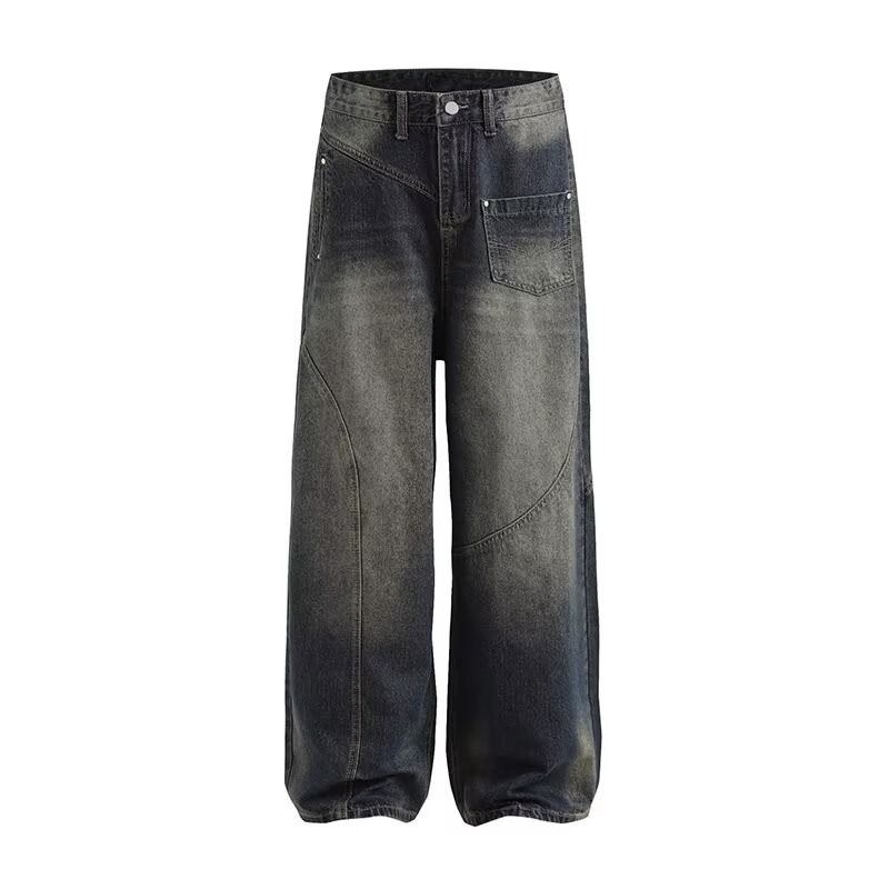 Men’s Distressed Denim Jeans – Vintage Washed Blue, Relaxed Straight Fit With Artistic Fraying (S-3XL, Mid-Rise, Retro Streetwear Pants)_mkmklike.com