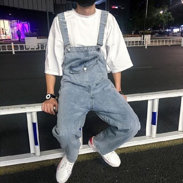Pure Workwear Denim Overalls For Men, Student Couples, Trendy Brand, Casual Loose Fit, Plus Size, Straight-Leg Jumpsuit, Ins_mkmklike.com