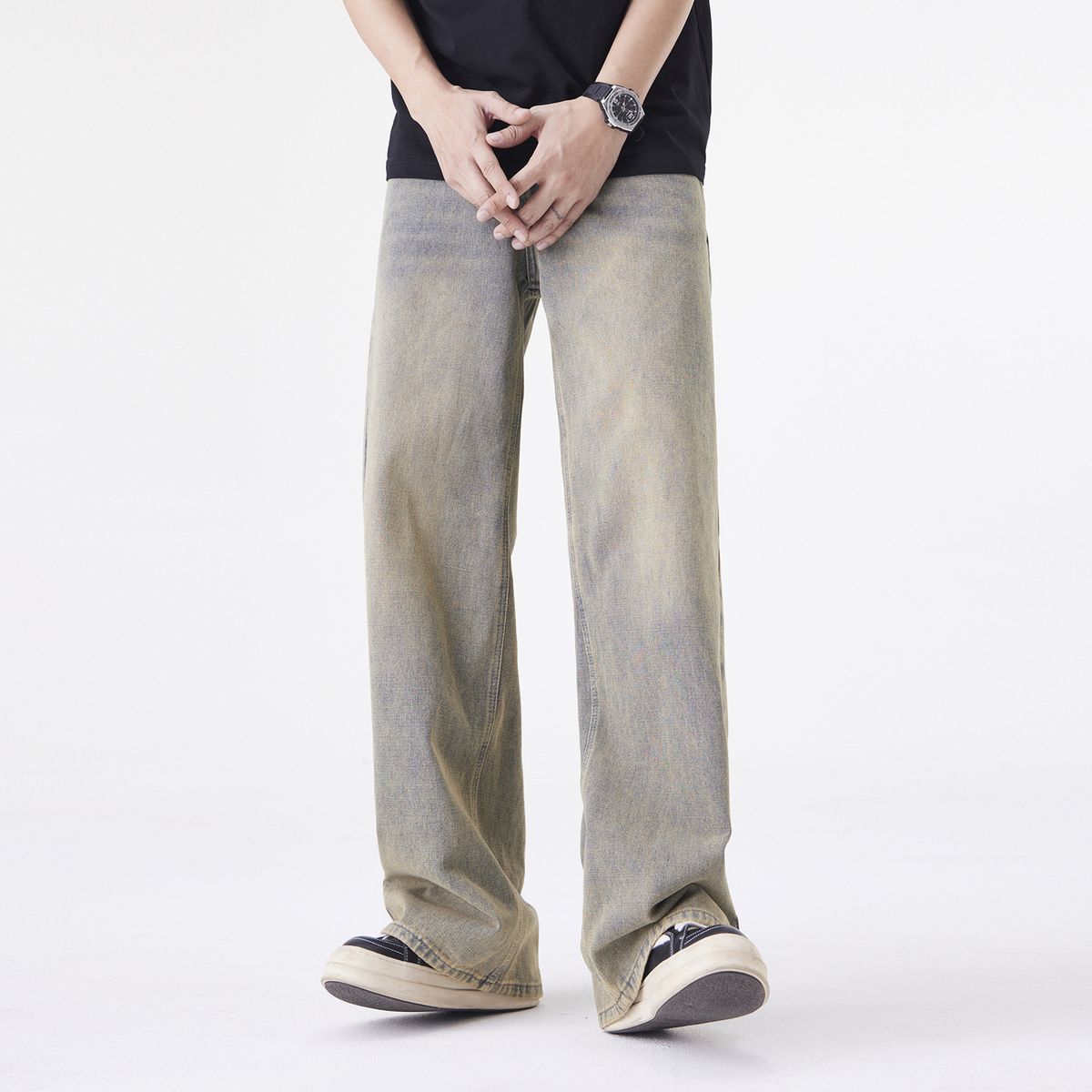 Men's Retro Loose Purple Jeans High End Straight Leg Wide Leg Casual Floor Length Trousers_mkmklike.com