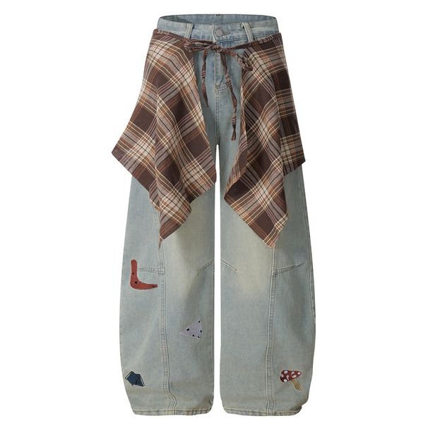 Detachable Plaid Drop-Crotch Jeans - Vintage Washed Baggy Denim Pants With Unique Layering For Streetwear Enthusiasts_mkmklike.com