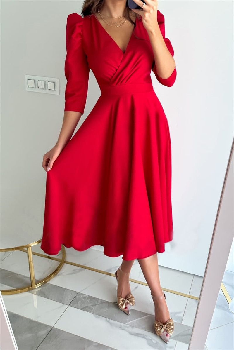 Women's Clothing solid color V neck waist bubble three quarter sleeves swing dress long_mkmklike.com