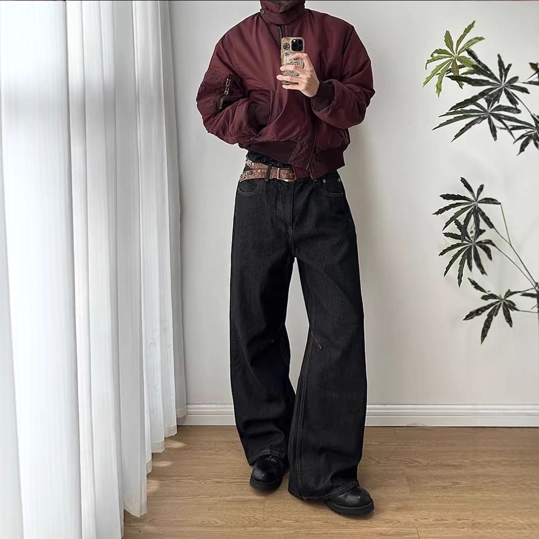 Men's Clothing American Retro Loose Straight Vintage American Style Baggy Straight Leg Jeans - 14.5oz Raw Denim With Classic Wash (Black, S-XXL)_mkmklike.com