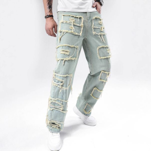Men's Straight Leg Jeans - Classic Blue Denim Pants With Distressed Details For Casual & Streetwear Style_mkmklike.com