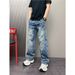 Men's Vintage Washed Denim Pants, Gradient Straight-Leg Jeans With Unique Curved Hem Design For Casual Wear_mkmklike.com
