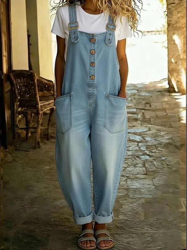 Retro Women's Distressed Loose Fitting Casual Denim Jumpsuit Adjustable Buckle Waist_mkmklike.com