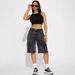Streetwear Distressed Denim Cargo Shorts For Women – Mid-Length Washed Cotton Blend With Raw Hem & Utility Pockets_mkmklike.com