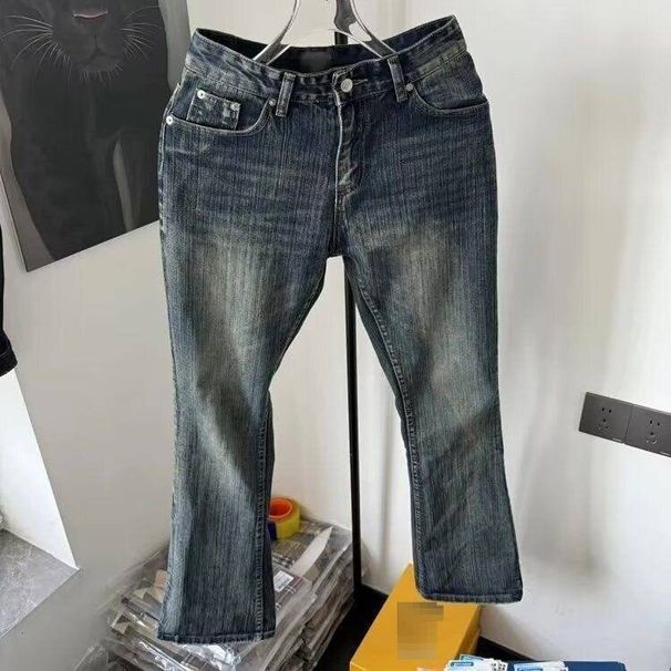 Men's Washed Distressed Bamboo Striped Slimming Flared Jeans mid Waist Straight Pants American High Street Cleanfit Trousers_mkmklike.com