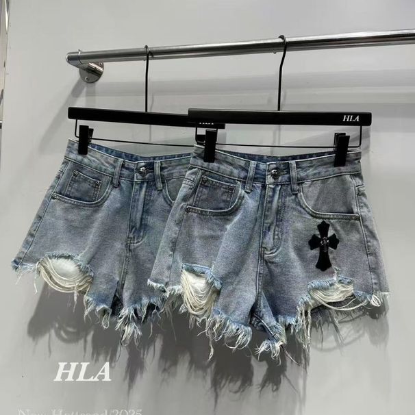 Spicy Girl Cross Pattern Low-Waist Denim Shorts For Women 2025 Summer Design Unique Loose Wide-Leg Hot Pants Trendy_mkmklike.com