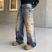 Men's Distressed Straight Leg Jeans With Star Rhinestones - Vintage Washed Loose Fit Wide Leg Pants For Casual Streetwear_mkmklike.com