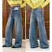 Women's Floral Jacquard Wide-Leg Jeans - High Waist Relaxed Fit Vintage Denim Pants With Retro Wash, Boho Chic Palazzo Trousers_mkmklike.com