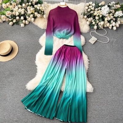Women's Clothing Royal sister light luxury high end long sleeved pleated printed tops women's casual two piece set loose drape pleated wide leg pants_mkmklike.com