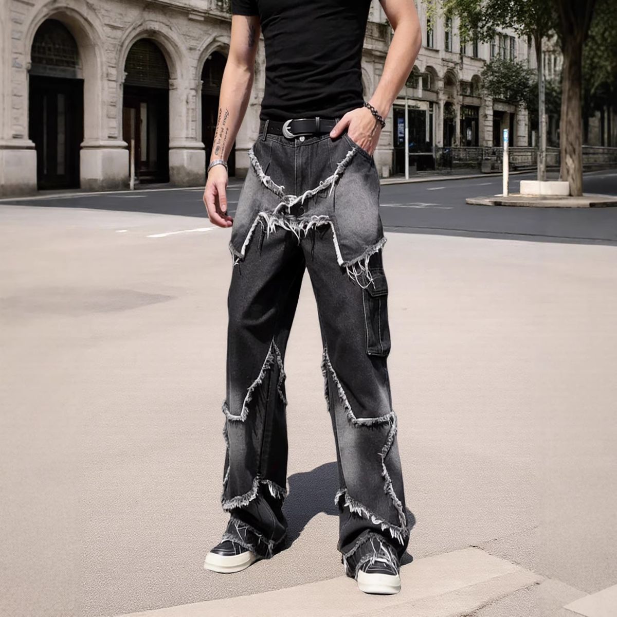 Men's Clothing Men's Patchwork Star Jeans High Street Style European American Design Frayed Edges Popular Men's Clothing_mkmklike.com