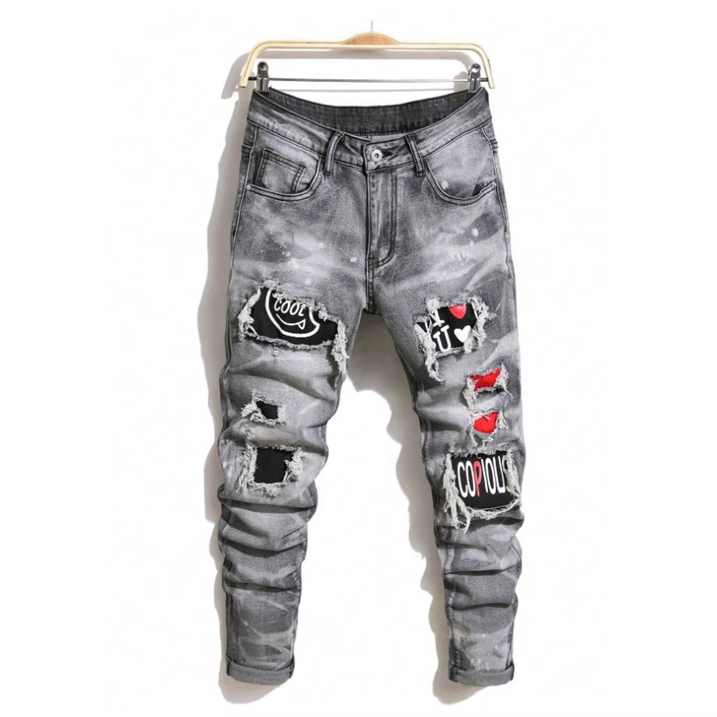 Men's Slim Fit Straight Leg Jeans Midweight Heavy Duty Patchwork Ripped Graffiti Long Pants_mkmklike.com