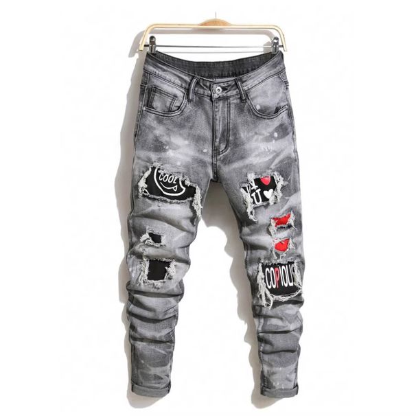 Men's Slim Fit Straight Leg Jeans Midweight Heavy Duty Patchwork Ripped Graffiti Long Pants_mkmklike.com