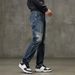 Men's American Style Patchwork Jeans Trendy Brand Retro Distressed Loose Straight Leg Casual Trousers mid Waist Zipper Fly Blue_mkmklike.com