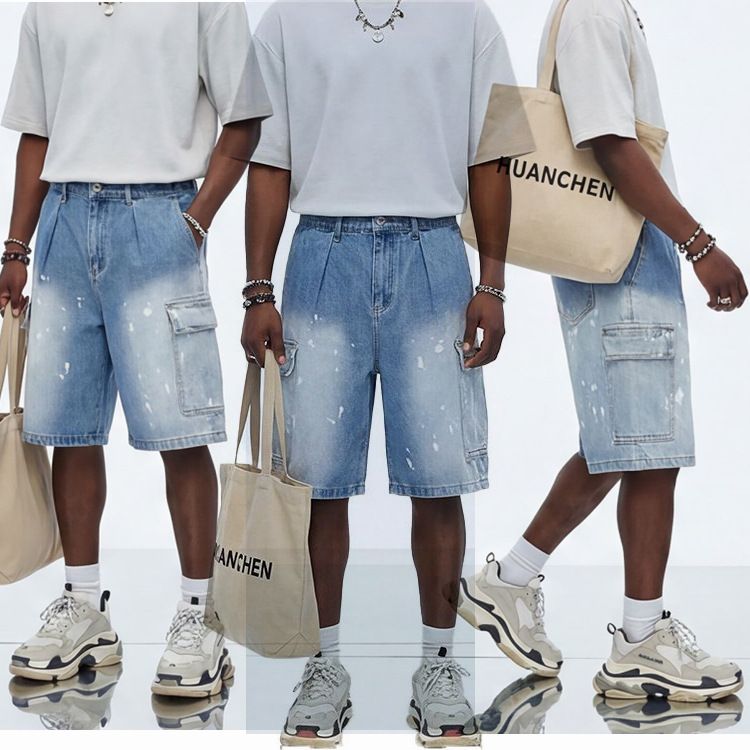 Men's Clothing Men's Summer Denim Shorts Stylish Thin Straight Leg Loose Fitting Mid Length Paint Spotted Five Point Pants_mkmklike.com