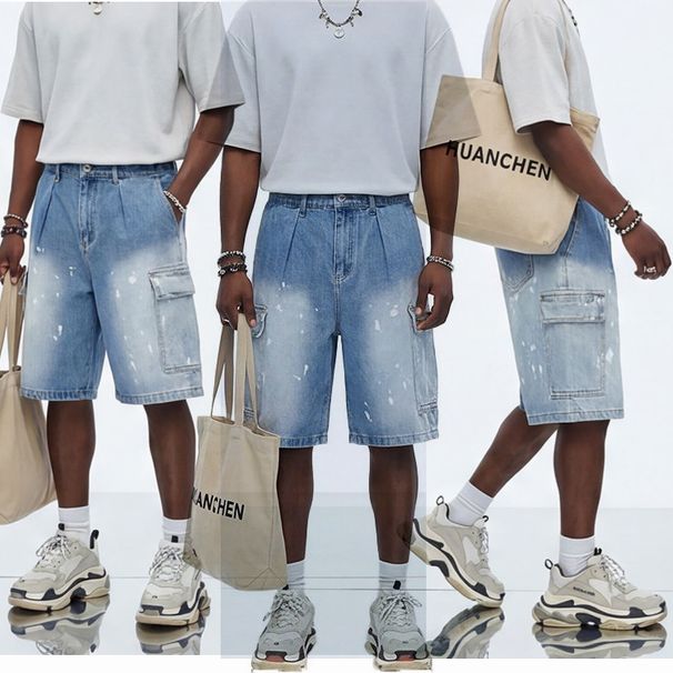 Men's Clothing Men's Summer Denim Shorts Stylish Thin Straight Leg Loose Fitting Mid Length Paint Spotted Five Point Pants_mkmklike.com