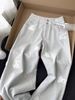 Women's Lace Double Waistband Button Embroidered Bear Straight Leg Jeans Sweet Style Petite Loose Fit Slimming Long Pants_mkmklike.com